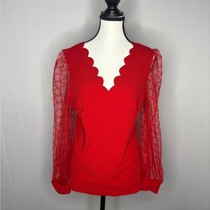Red Scalloped V-Neck Top with Sheer Sleeves NWOT